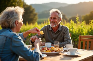 Happy mature couple enjoys meal outdoors in sunny California vineyard. Woman feeds man from hand. Sit at wooden table filled with food. Beautiful landscape, warm light. Idyllic retirement moment,