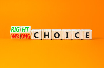 Right or wrong choice symbol. Concept words Right choice or Wrong choice on beautiful wooden...