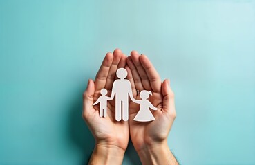 Family figure held in hands. Hands protect family. Concept of family protection. Insurance or adoption theme. Symbolic image of care and support. Hands offer love and security.