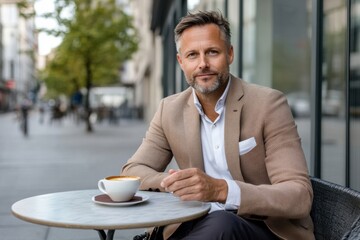 Confident Man at Parisian Cafe: A sophisticated man in a beige blazer enjoys a moment of quiet contemplation over a cup of coffee at a charming Parisian cafe.