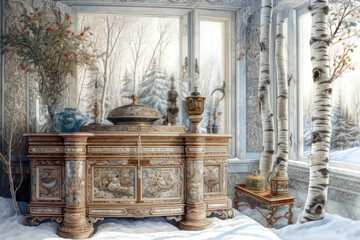 cozy winter scene inside a house decorated with exquisite decorative items. 