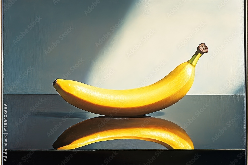 Poster vibrant yellow banana on reflective surface with soft light and artistic background creating a minim