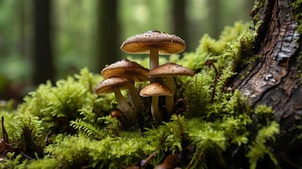 Fototapeta premium cluster of small mushrooms with brown caps growing from an old tree trunk covered with green moss in the forest.