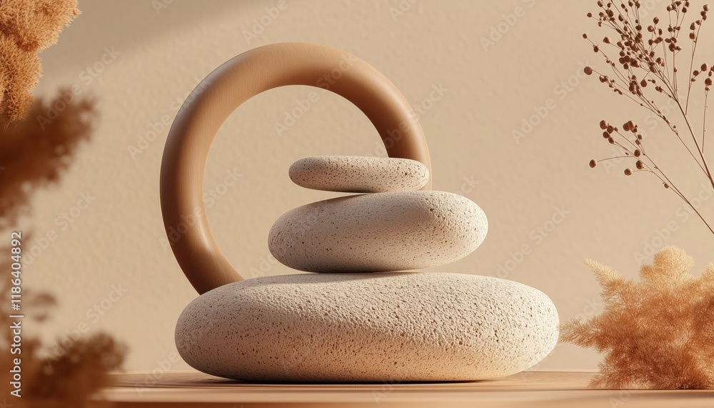 Poster japanese stone balance and circle abstract with brown for product presentation: 3d rendering