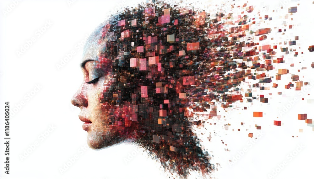 Poster distorted human head profile with glitched pixels: exploring artificial intelligence and psychologic