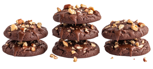 A photo of dark chocolate cookies with caramel and nuts, presented in three poses ， isolated on transparent png or white background