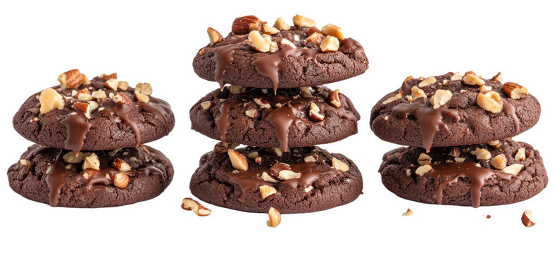 A photo of dark chocolate cookies with caramel and nuts, presented in three poses ， isolated on transparent png or white background