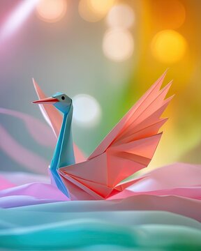 a delicate pastel paper crane crushed on one side, showcasing resilience in fragility