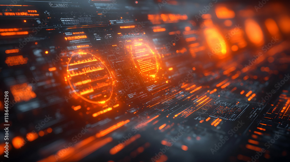 Poster abstract digital network background with glowing orange lines and shapes