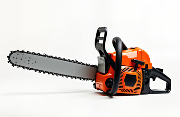 Orange electric chainsaw with sharp chain isolated on white background. Powerful tool ready for work. Pro equipment for cutting wood timber. Handy machine for sawing logs firewood. Modern tech for