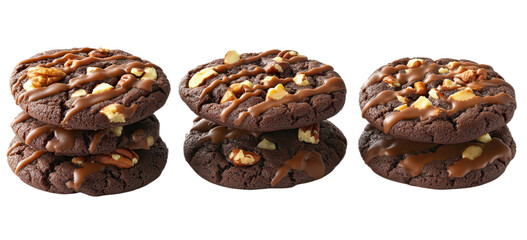 A photo of dark chocolate cookies with caramel and nuts, presented in three poses ， isolated on transparent png or white background