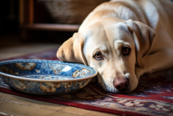 Labrador Retriever lying on the floor with a blue plate