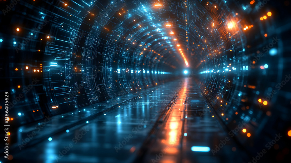 Poster abstract digital tunnel with glowing lights and data streams