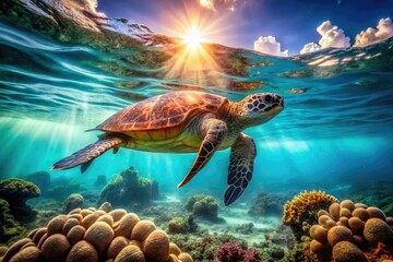 Obraz premium Crystal-clear waters reveal a graceful sea turtle, a vibrant underwater wildlife spectacle.