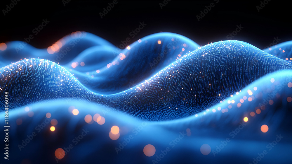 Poster abstract blue glowing particle waves: dynamic digital background