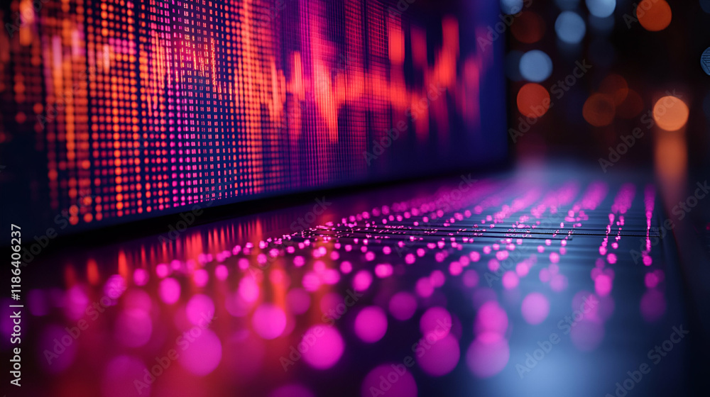 Poster abstract data visualization on laptop screen at night. pink and purple color scheme. futuristic tech