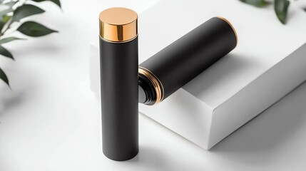 A premium black and gold hair color tube, glowing softly on a sleek white surface