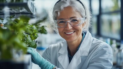 Smiling Female Scientist: A friendly, mature female scientist smiles warmly while working with plants in a modern laboratory setting. Her expression conveys confidence, expertise.