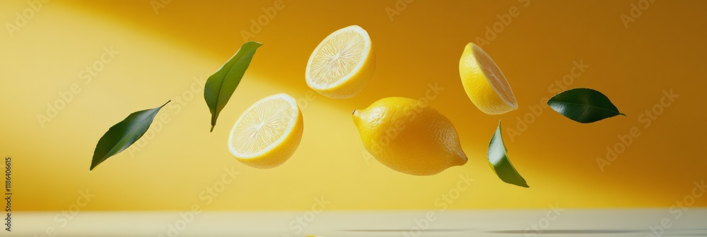 Poster One whole lemon and three lemon slices are levitating on a vibrant yellow background, accompanied by green leaves, creating a refreshing and dynamic visual