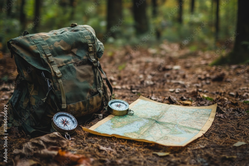 Aufkleber Exploring nature with essential gear including backpack, compass, and map in a serene forest setting. Generative AI