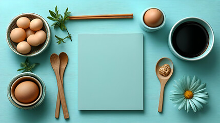 A tranquil morning scene featuring a blank recipe book surrounded by fresh eggs, coffee, and spring flowers on a light teal wooden background