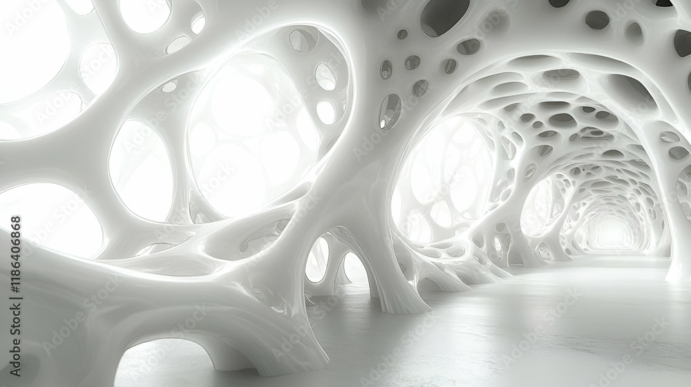 Poster abstract 3d rendering of a futuristic organic architecture with white cellular structures and bright