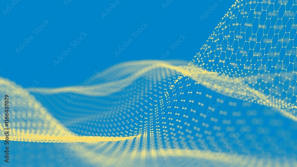 Aufkleber abstract yellow hexagonal mesh wave on blue background