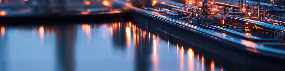 Nighttime Refinery Complex with Pipeline Reflections
