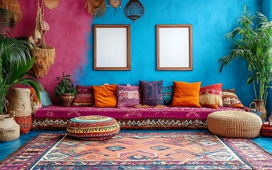 Bohemian living room interior design, colorful cushions, vibrant wall, relaxation