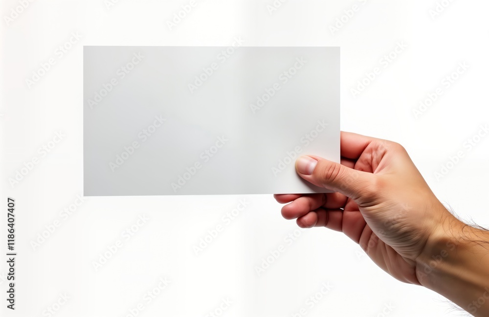 Aufkleber hand holds blank white paper. empty sheet of paper is held in a hand. isolated shot on plain white b