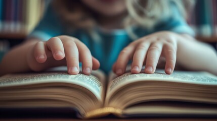 A World of Words: A close-up of a child's hands delicately tracing the words on a well-worn book, highlighting the magic and wonder of reading.