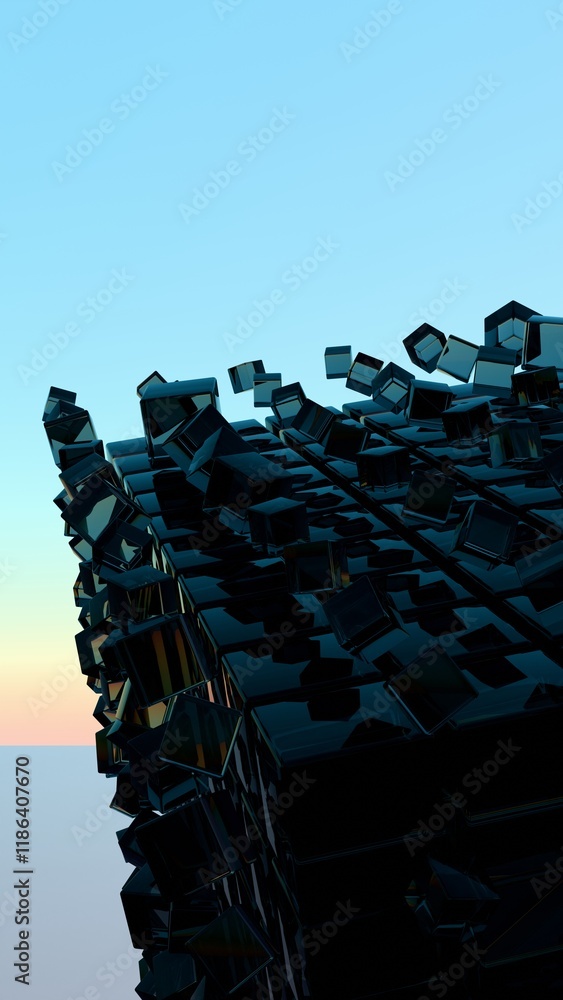 Poster abstract 3d glass cubes on gradient sky background