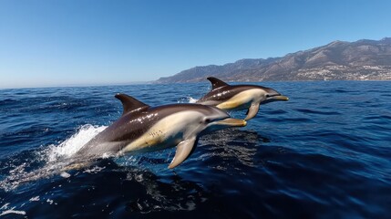 Fototapeta premium A lively capture of dolphins energetically leaping from the sea against a serene coastal backdrop, embodying joy and freedom.