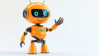 Fototapeta premium Friendly Orange Robot With Smiling Face And Waving Hand: A Welcoming Chatbot For Customer Support Service On White Background.