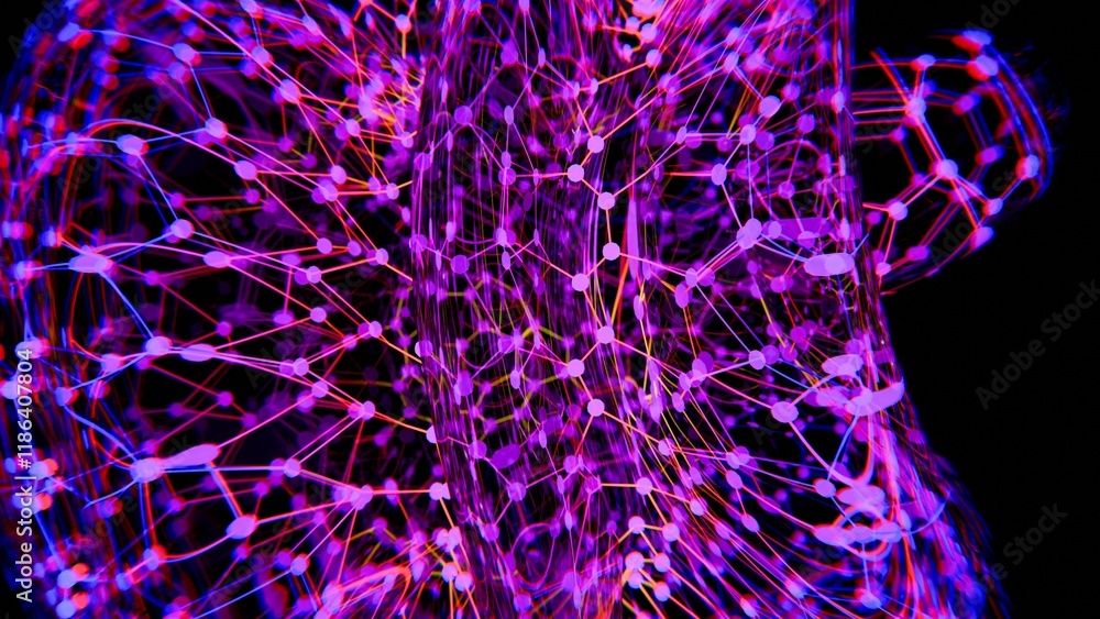 Poster futuristic pink and purple network structure with complex patterns