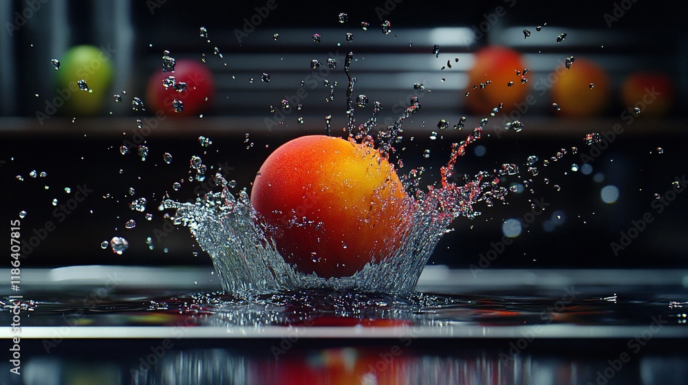 Poster a vibrant peach splashes into water, creating dynamic droplets and ripples.