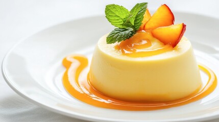 Fototapeta premium Peach Panna Cotta Delight: A creamy, dreamy peach panna cotta, adorned with fresh peach slices and a sprig of mint, rests on a pristine white plate. The glossy peach sauce adds a touch of elegance.