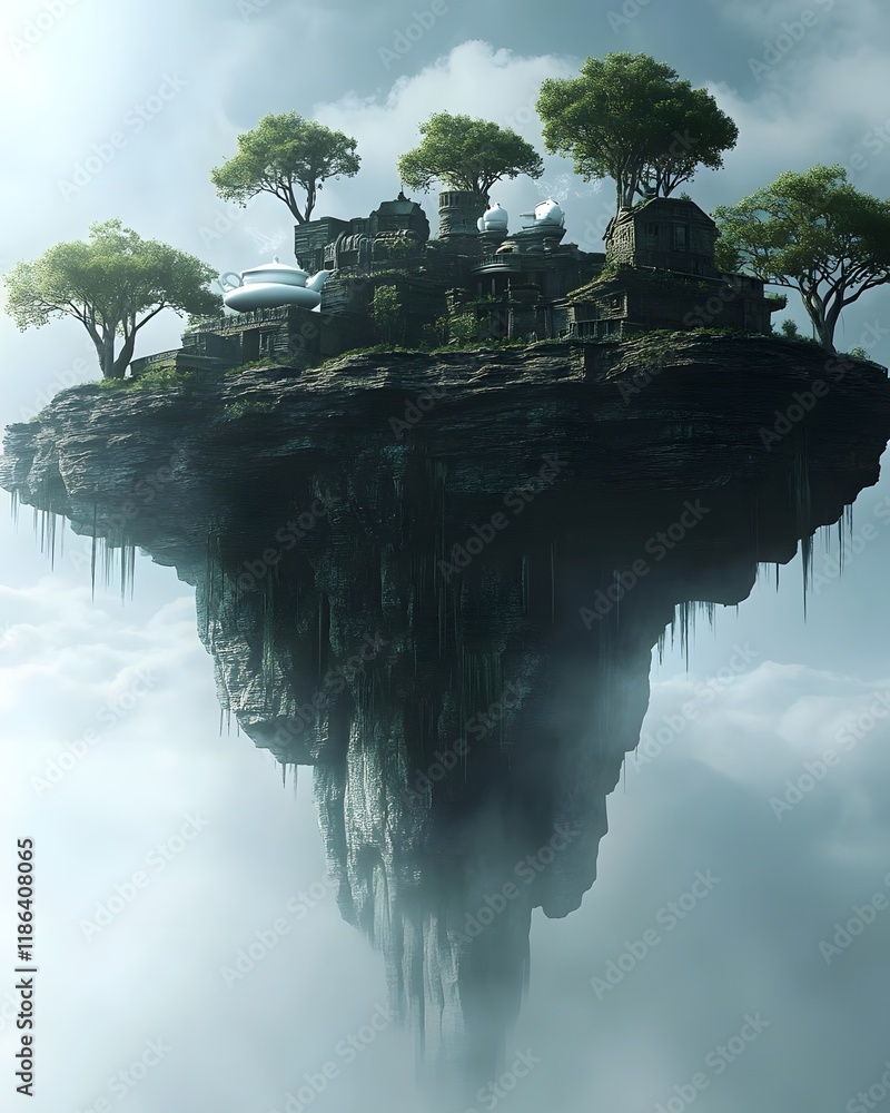 Poster a floating island with lush trees and ancient structures amidst clouds.
