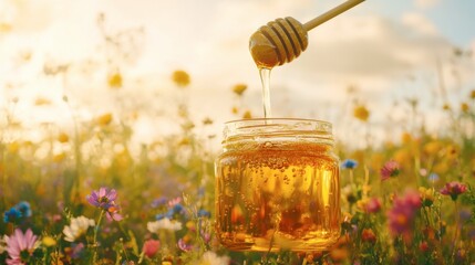 Golden Honey Flow: A jar of golden honey, drizzled with a wooden honey dipper, is nestled amidst a vibrant field of wildflowers bathed in the warm glow of the setting sun.