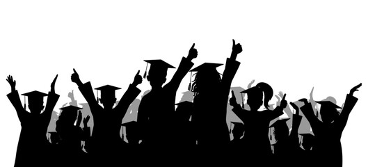 Happy crowd of graduates children in square academic caps. Cheerful people silhouette. Graduation ceremony. Vector  illustration.
