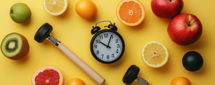 Image highlighting healthy lifestyle choices with fruits, dumbbells, and a clock on a vibrant yellow backdrop