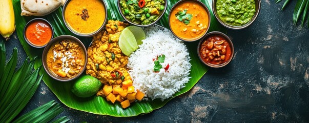 Indian cuisine traditional meal with rice, curries, chutneys, and fruits arranged on a banana leaf Colorful dishes showcase cultural richness and variety