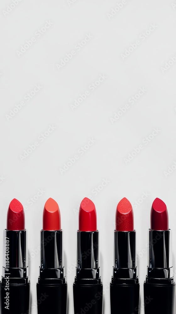 Aufkleber five red lipsticks standing on white background showing different shades, creating a gradient from l