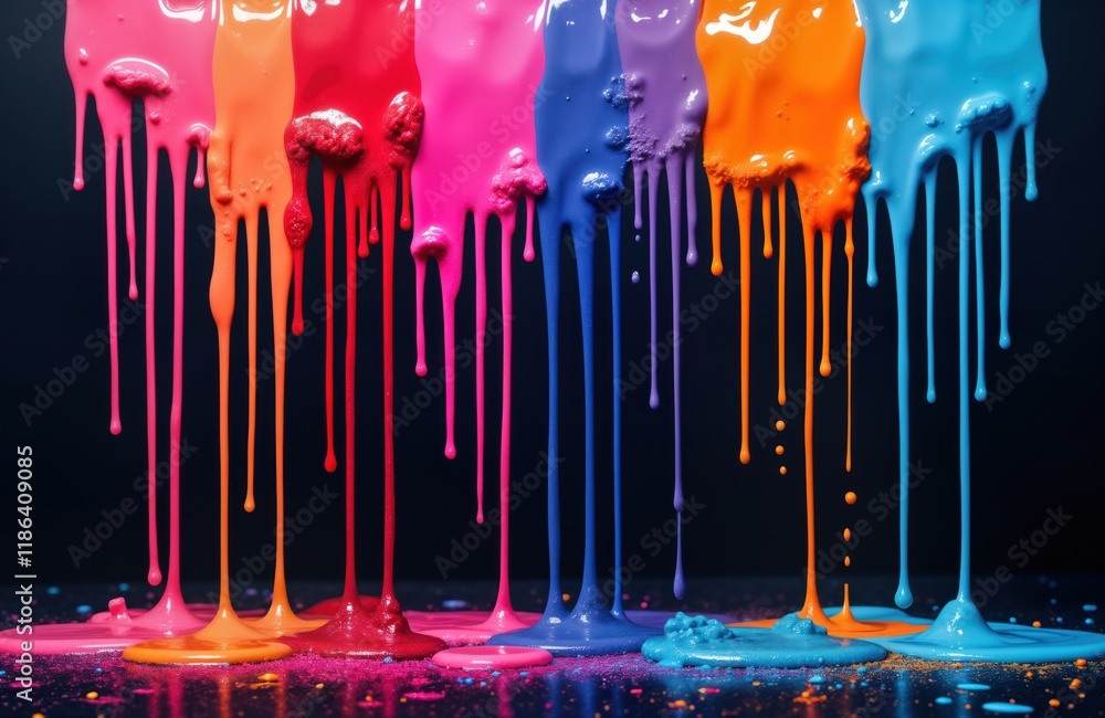 Aufkleber colorful paint drips cascade down dark backdrop. vibrant colors like blue purple orange, red create 