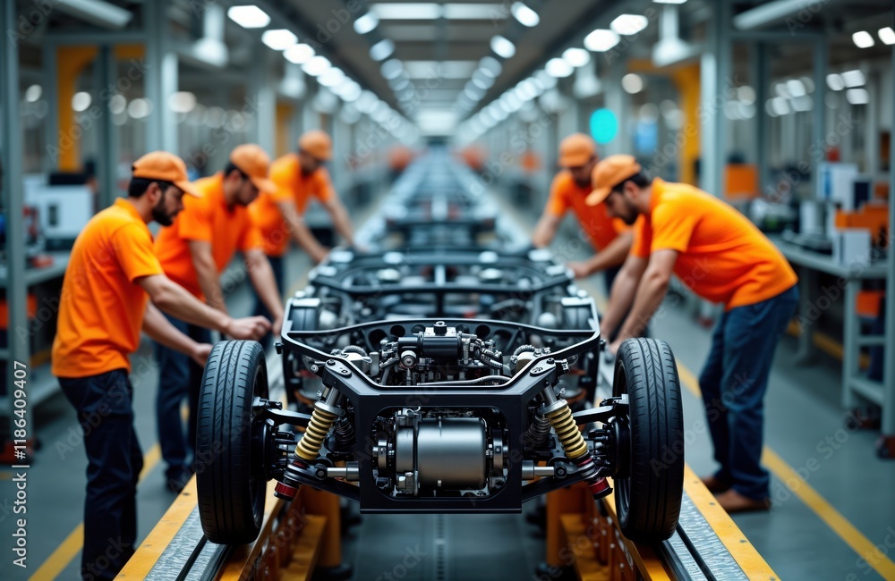 Poster workers assemble car chassis on automated assembly line in modern auto factory. focused technicians 