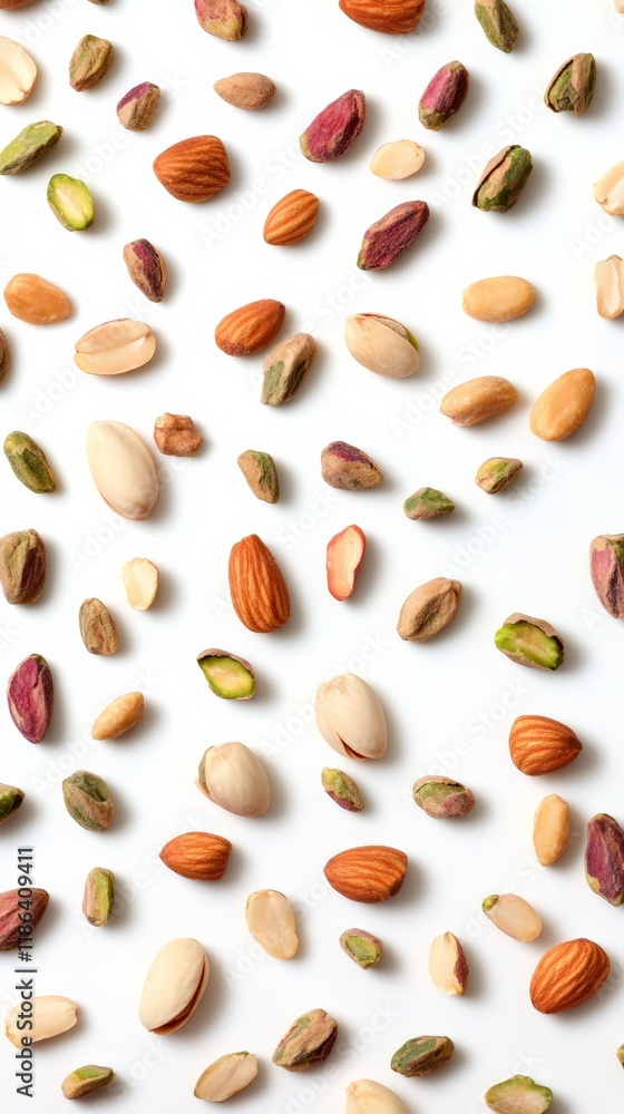 Aufkleber Pistachios and almonds are levitating on a minimalist white background, creating a visually appealing pattern ideal for food and health related projects