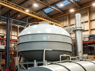 Large industrial building with silver tank on top, surrounded by metal frame, bright lights, lights, tank, factory
