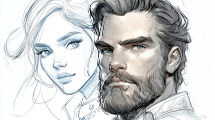 Romantic Couple Portrait: A Captivating Black and White Pencil Sketch. Masterful Drawing of a Man and Woman's Faces.