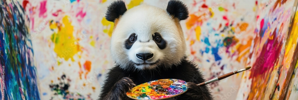 Aufkleber Panda displaying creativity while holding a paintbrush and palette in a vibrant and colorful artistic environment. Generative AI