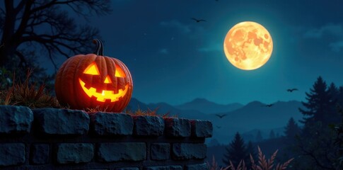 Fototapeta premium Carved jack o lantern on a stone wall under moonlit sky at night, night, moonlight, eerie